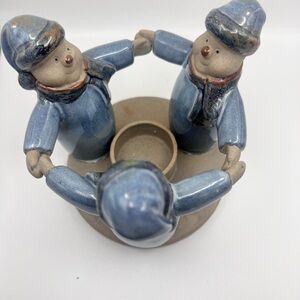 Charming Vintage Snowman Candle Holder - Blue and Tan